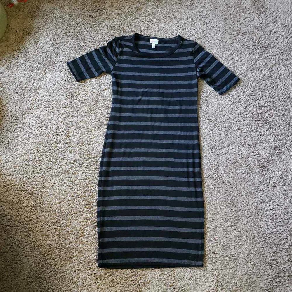 LuLaRoe Womens Julia T Shirt Midi Dress Black Grey Striped Scoop Neck Stretch XS